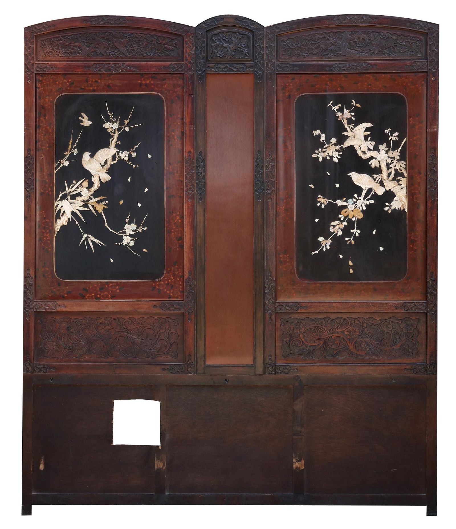 TWO ASIAN MOUNTED PAINTED HARDWOOD PANELSTwo