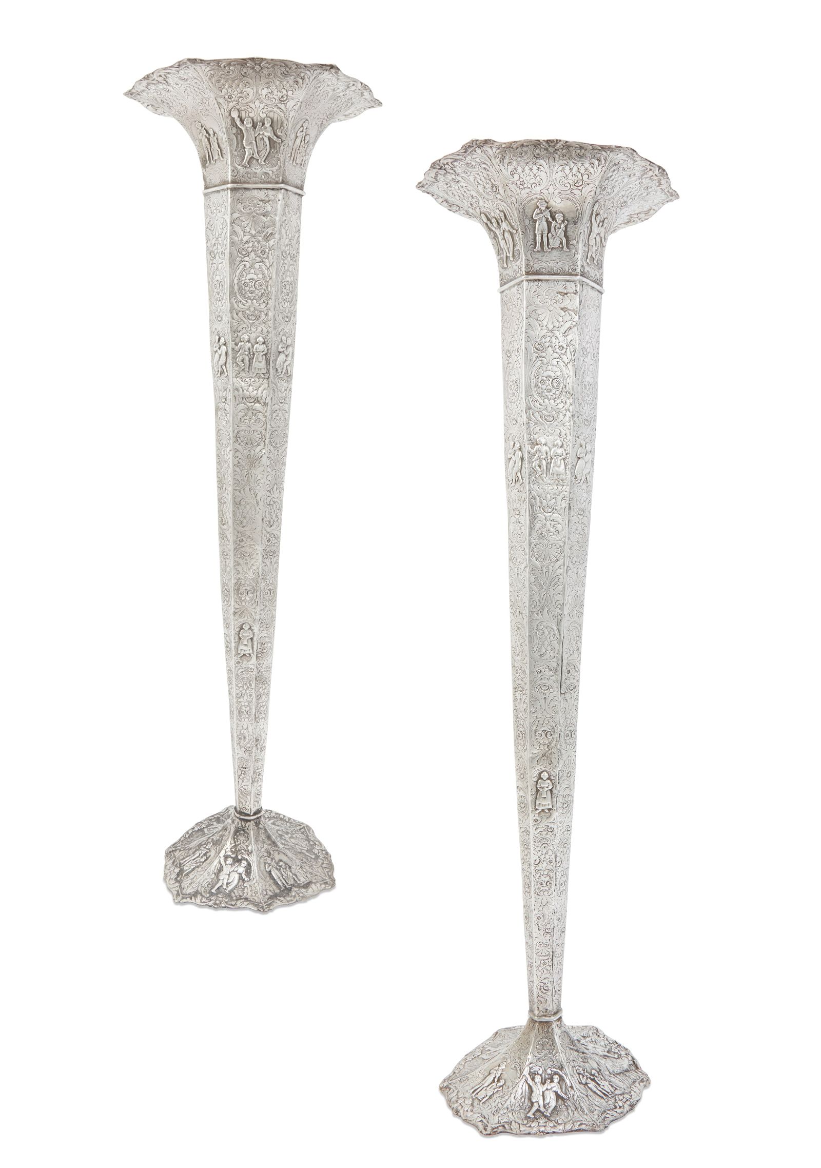 A PAIR OF TALL STERLING SILVER TRUMPET