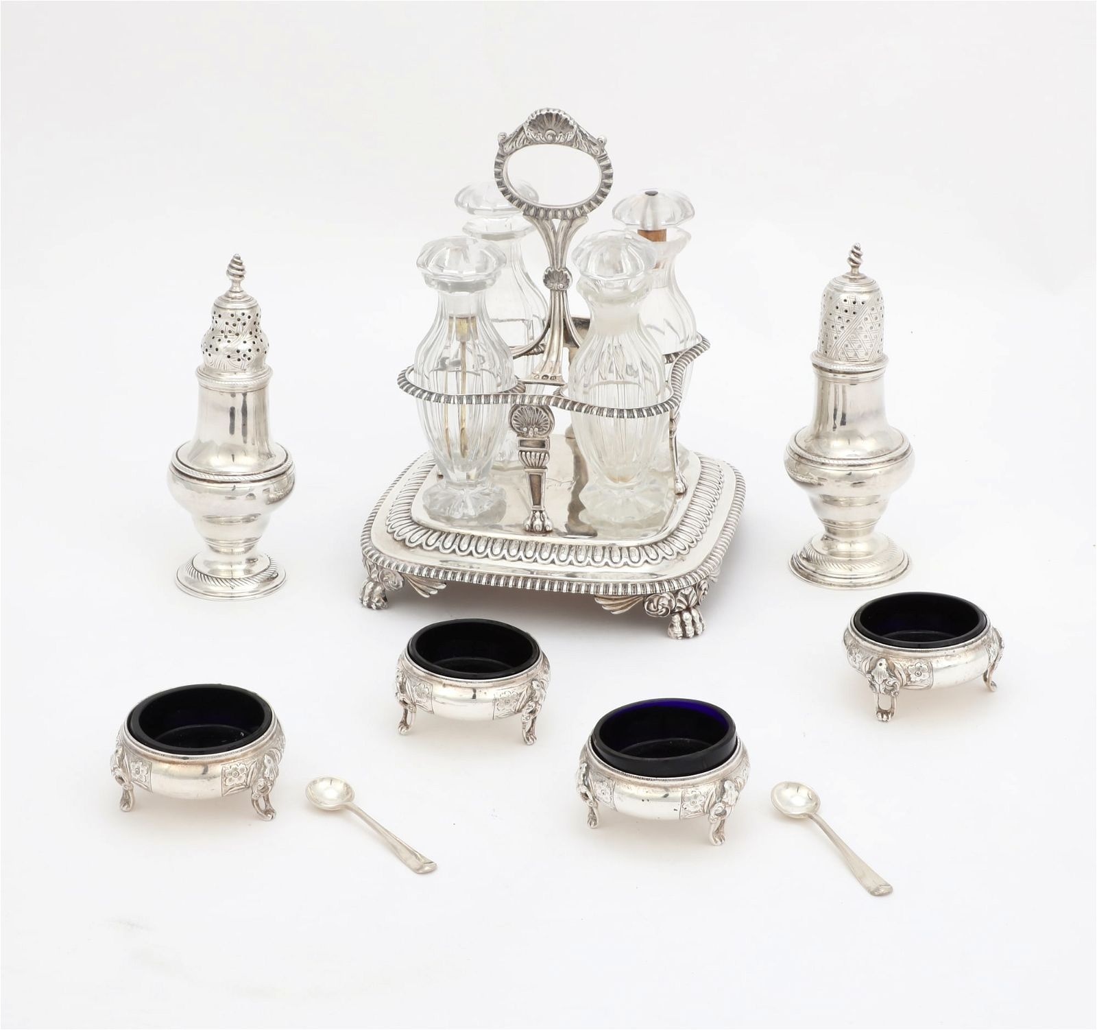 NINE PIECE GROUP OF ENGLISH SILVER CONDIMENTWAREA