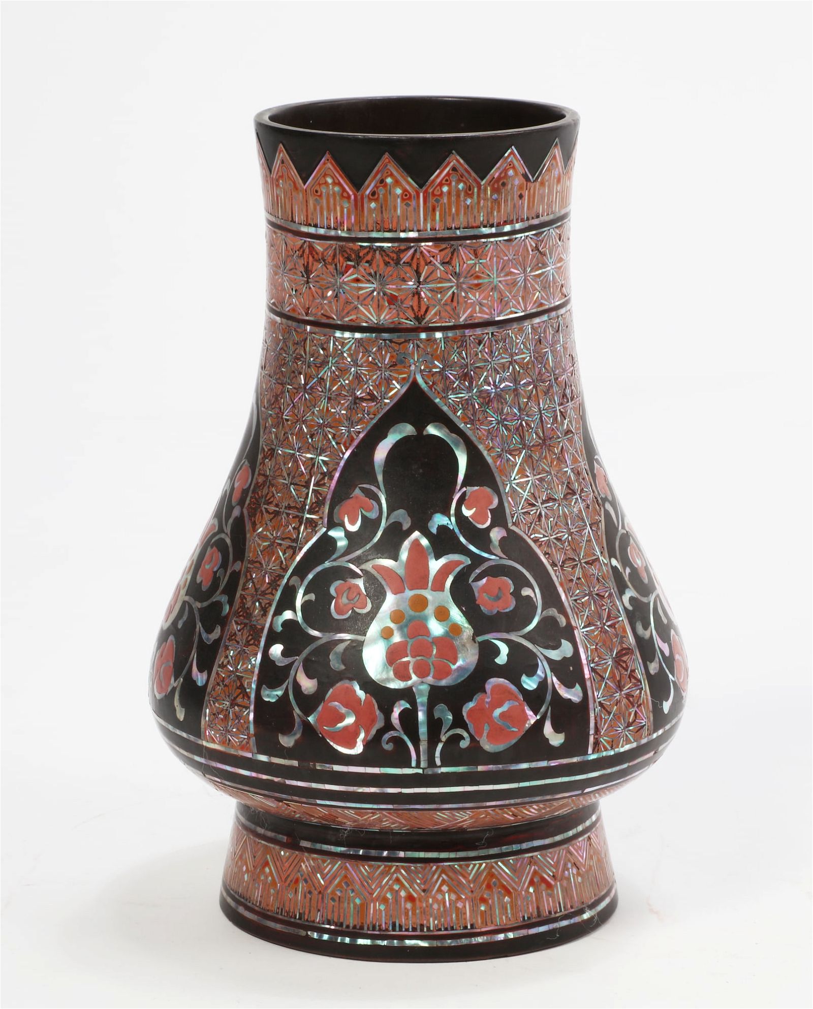 A BRONZE VASE WITH MOTHER OF PEARL INLAYA