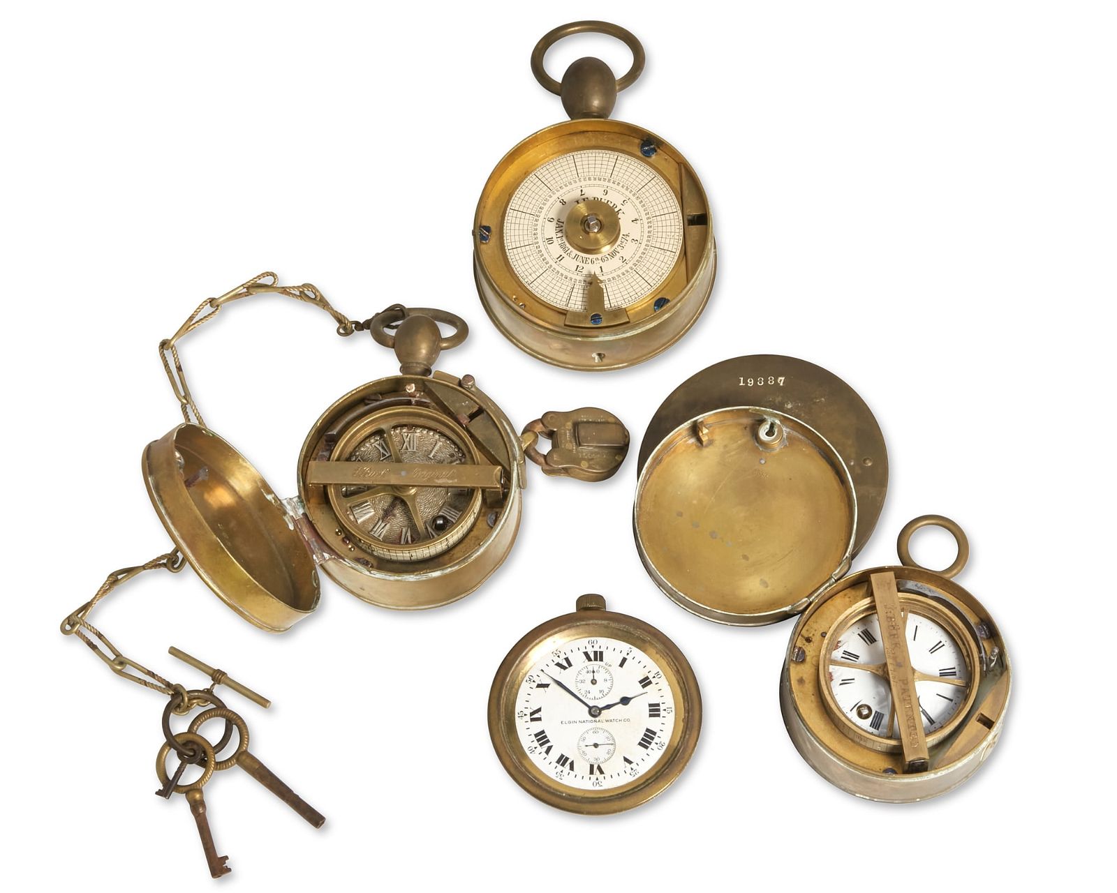 A GROUP OF FOUR HOROLOGICAL BRASS ITEMSA