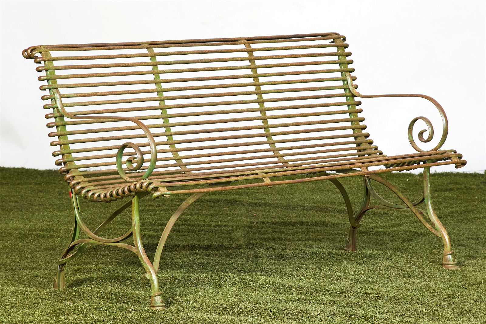 A FRENCH WROUGHT IRON GARDEN BENCH,