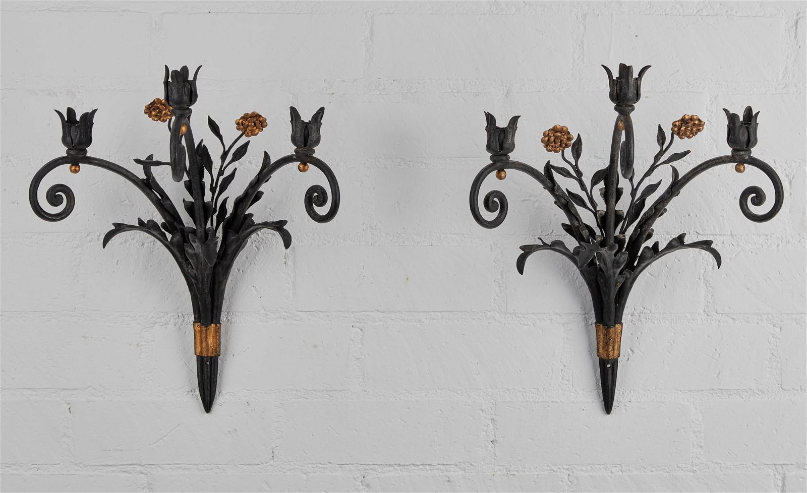 A PAIR OF WROUGHT IRON THREE BRANCH 2fb33a5