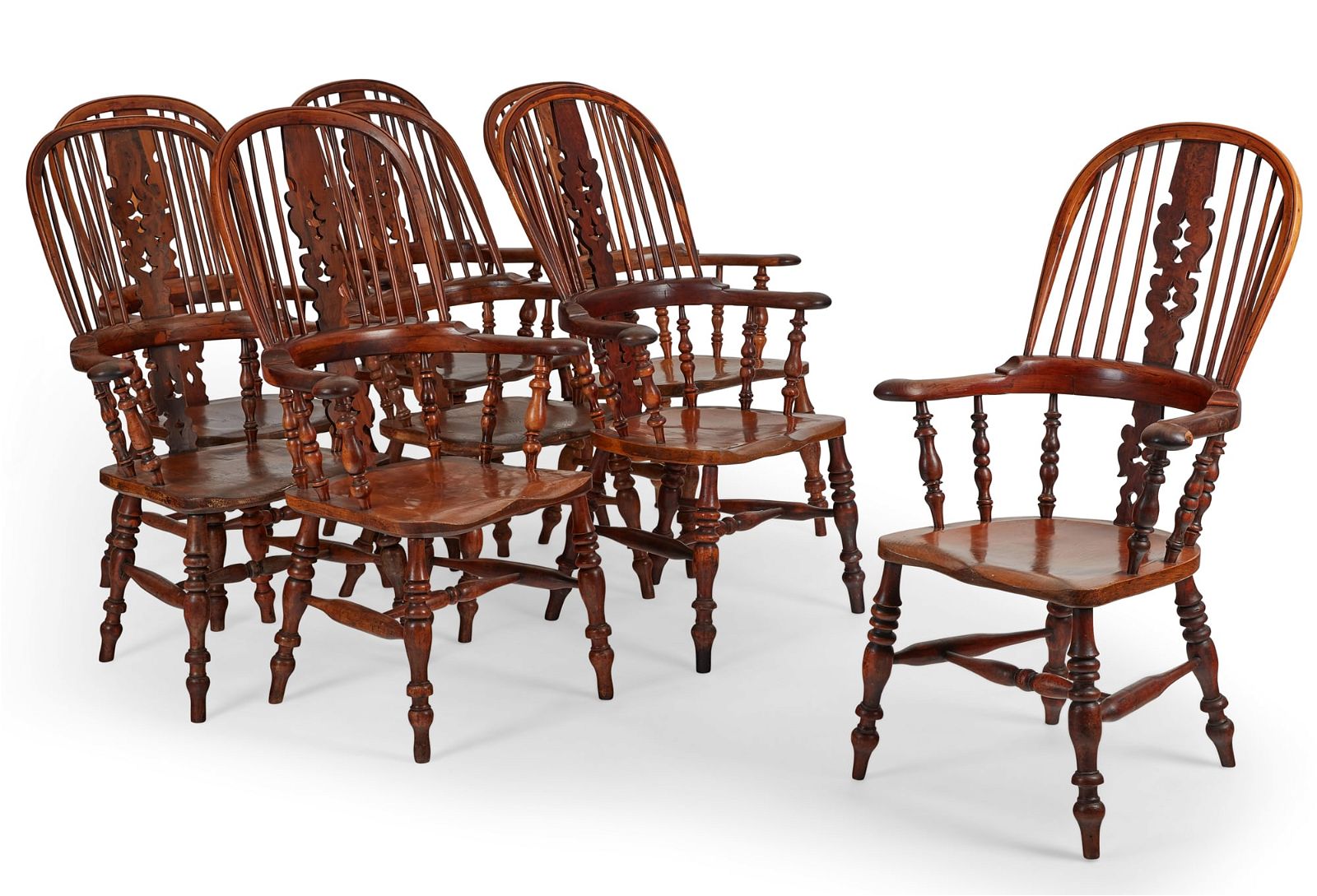 HARLEQUIN SET OF EIGHT YEW WOOD WINDSOR