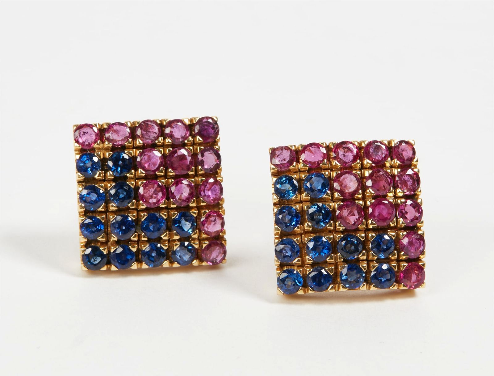 A PAIR OF RUBY, SAPPHIRE AND 18K GOLD