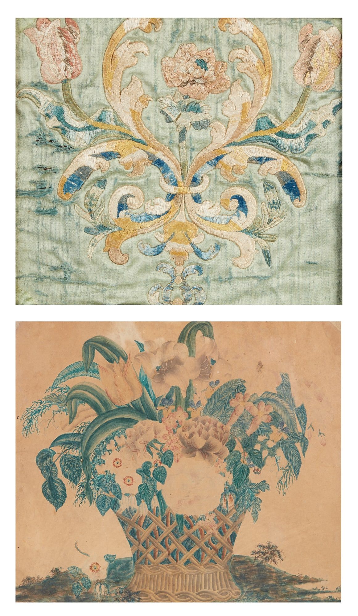 TWO EMBROIDERED AND PAINTED FLORAL 2fb39e9