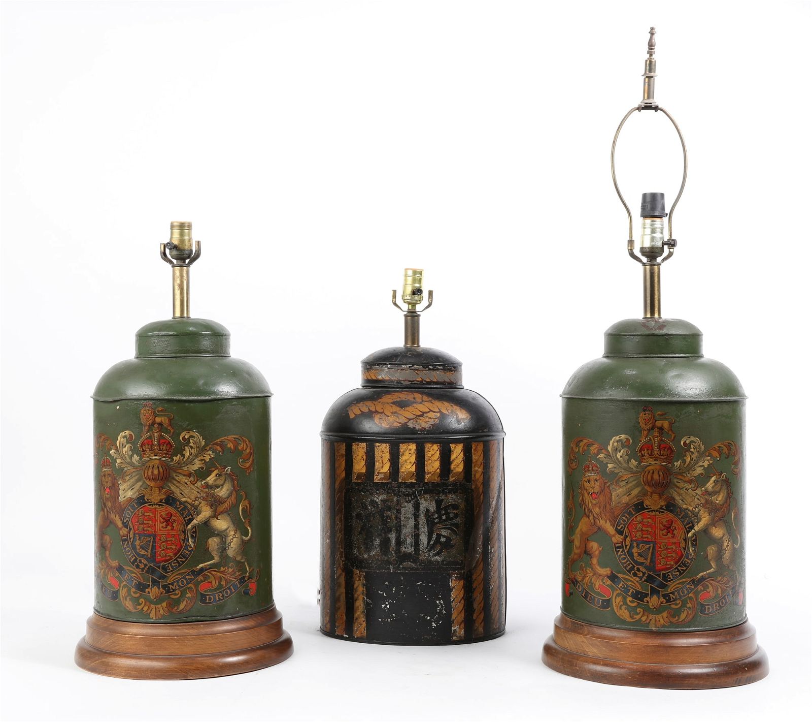 THREE TEA CANISTER LAMPS, ENGLISH AND