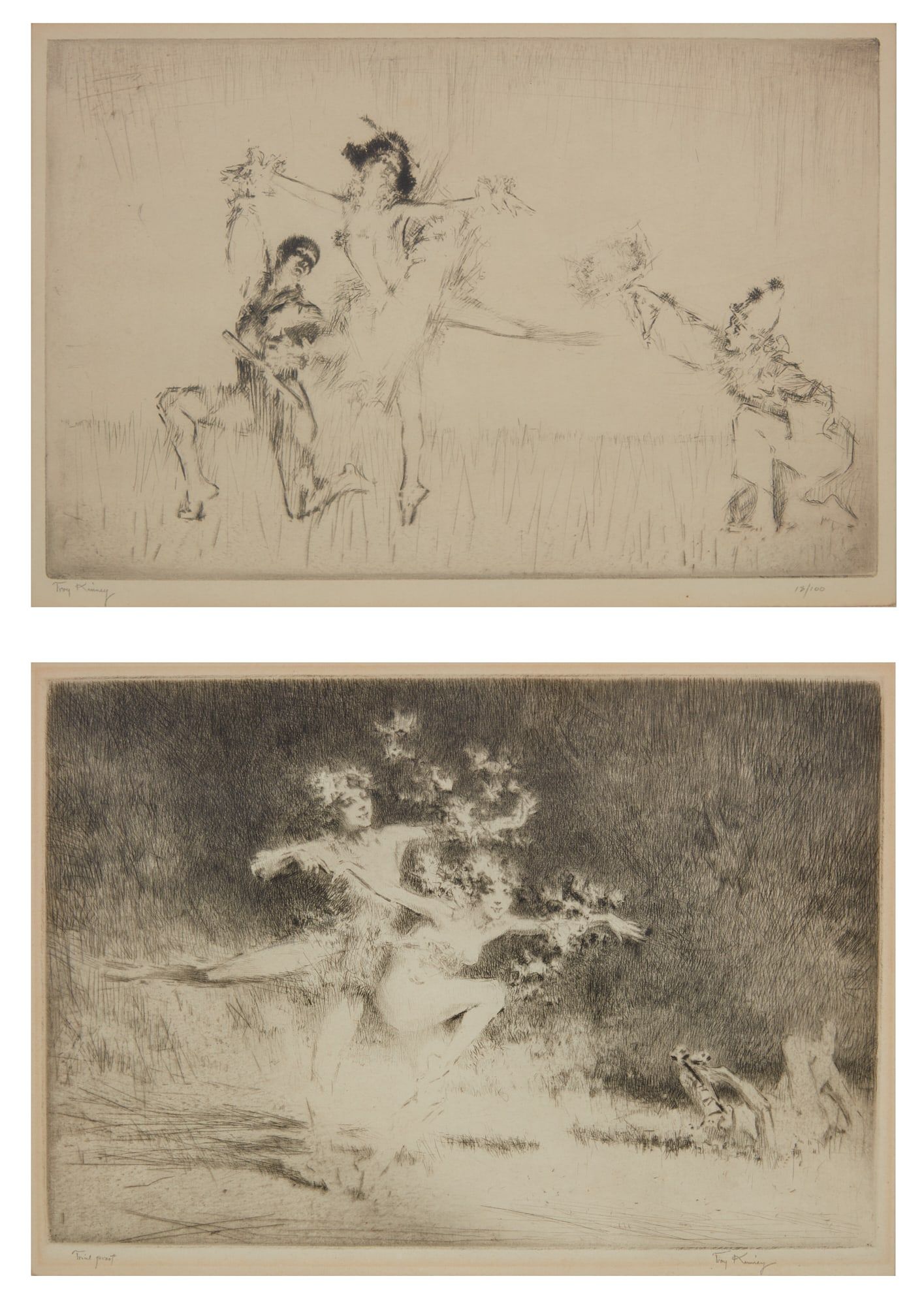 TROY KINNEY, DANCERS, TWO ETCHINGS.