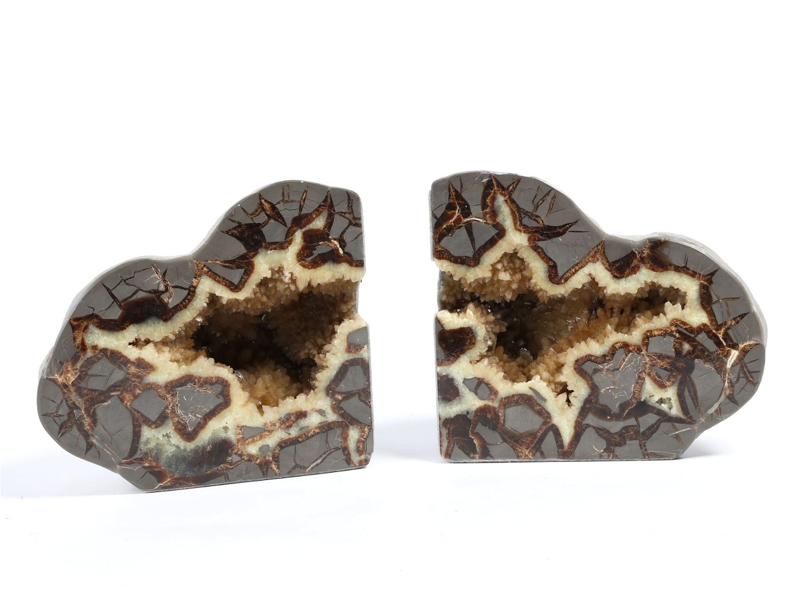 A PAIR OF SEPTARIAN GEODE BOOKENDS,