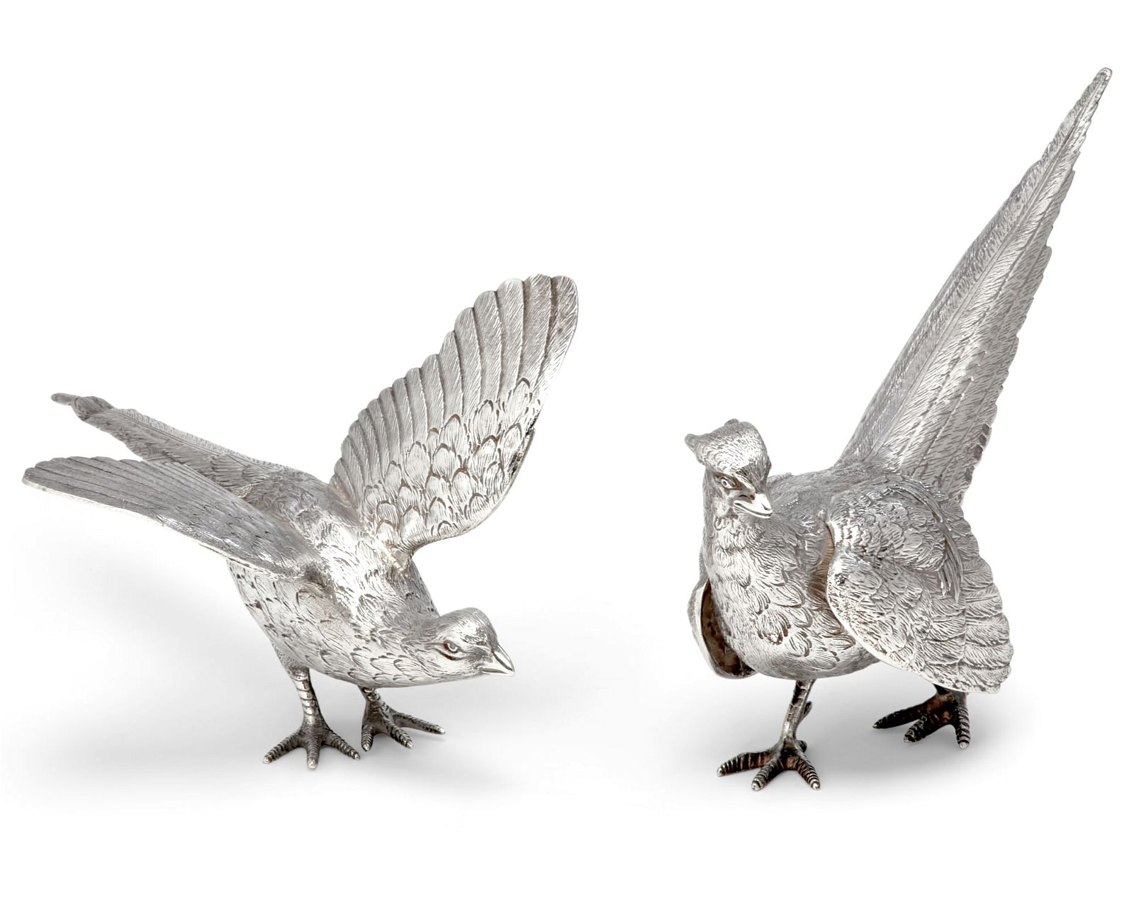 A PAIR OF ENGLISH SILVER MODELS OF PHEASANTSA