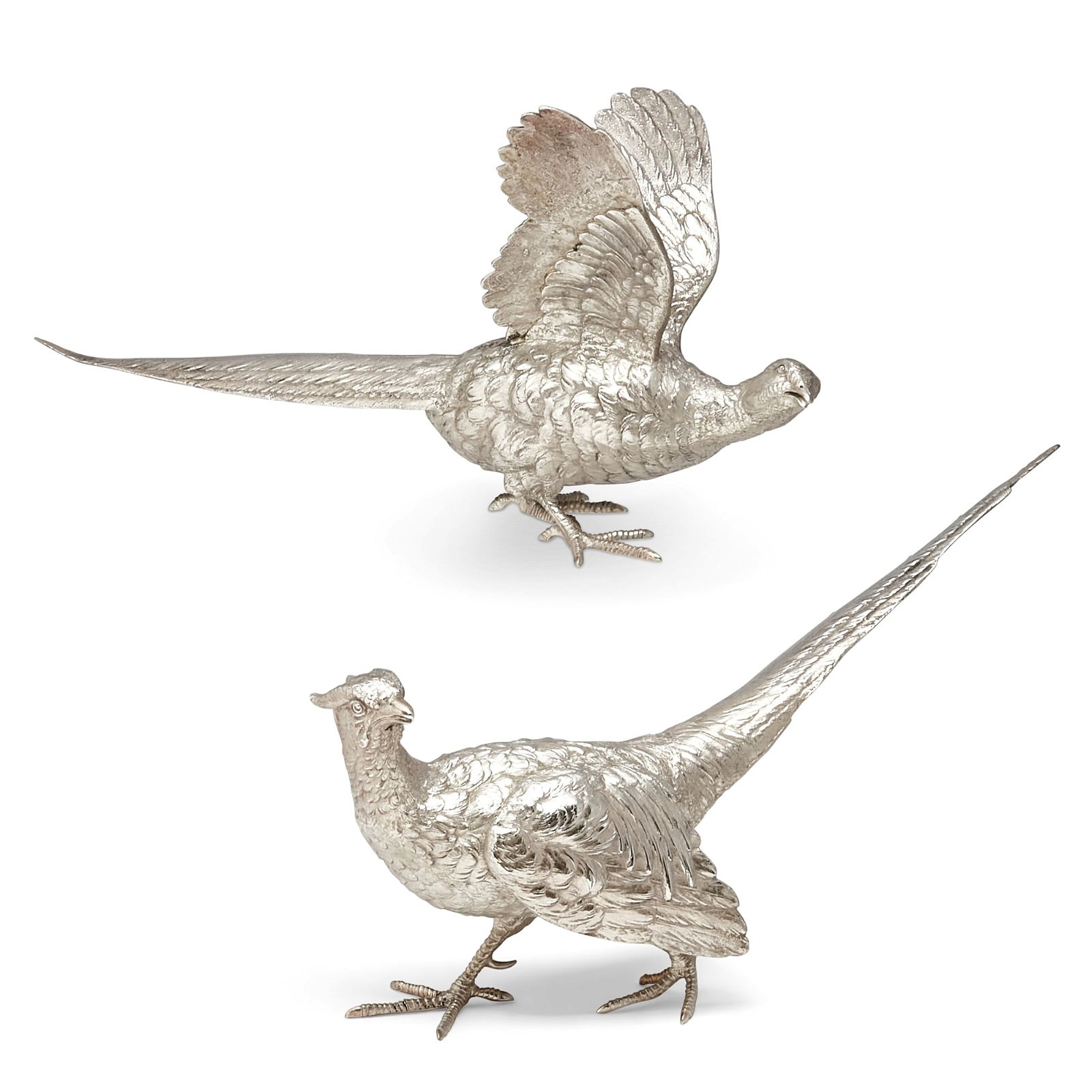 A PAIR OF ENGLISH SILVER MODELS OF PHEASANTSA