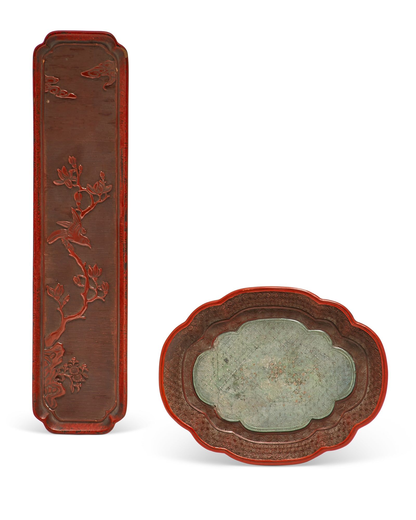 TWO CHINESE CINNABAR LACQUER DISHESTwo