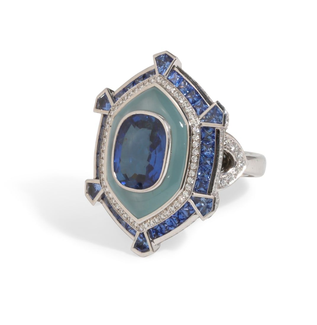 A SAPPHIRE, AQUAMARINE AND 18K WHITE