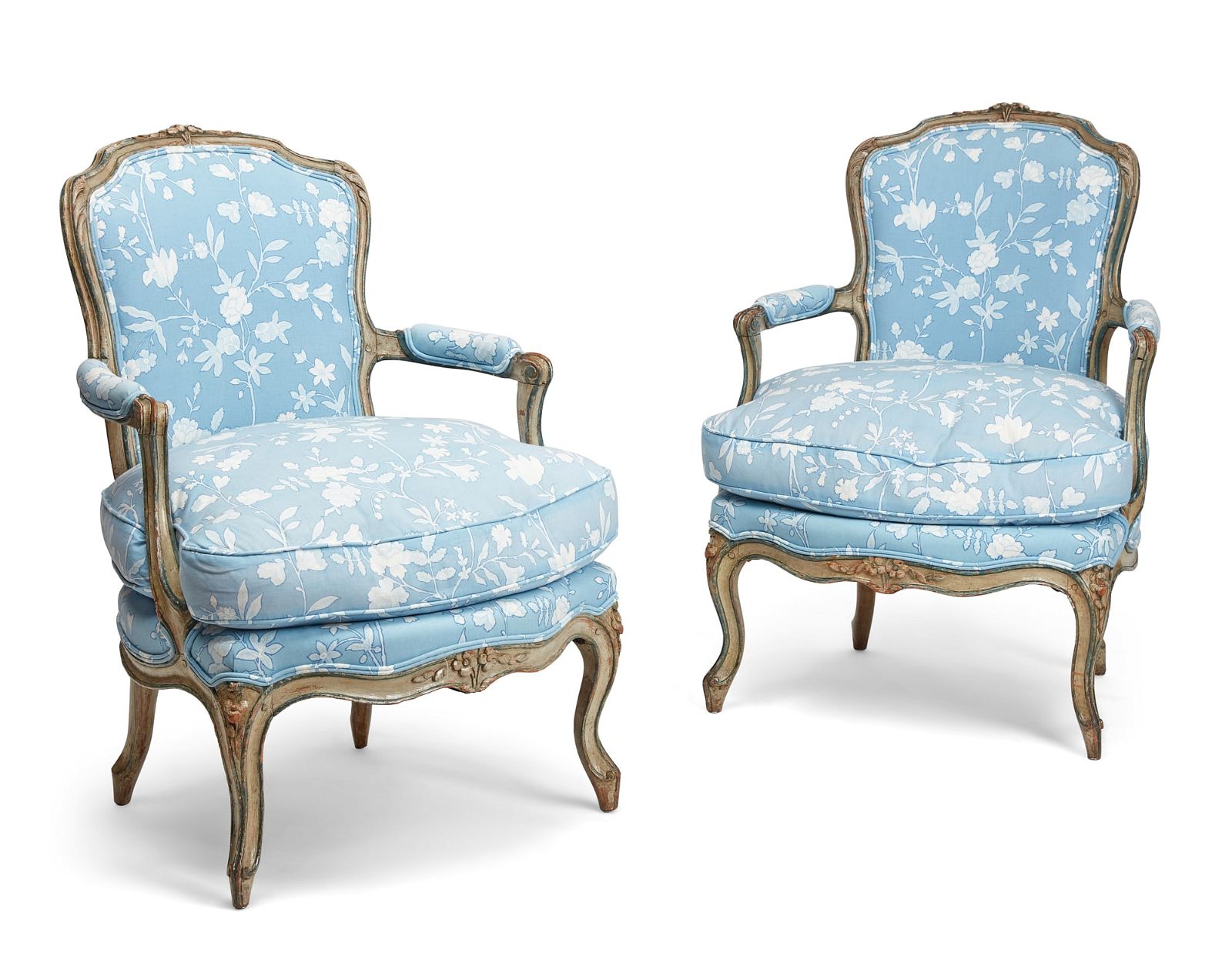 A PAIR OF LOUIS XV GREY PAINTED FAUTEUILSA