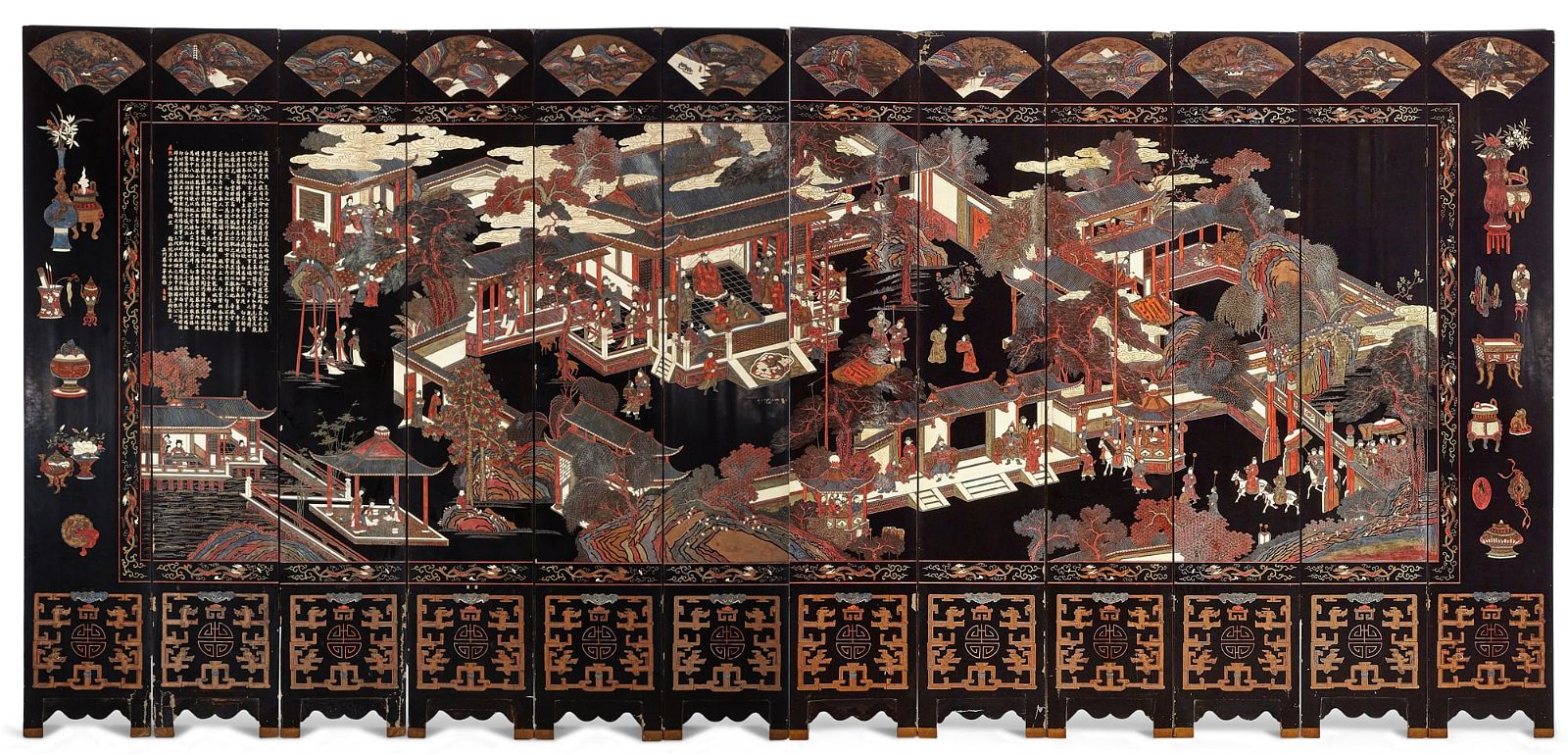 A CHINESE LACQUER TWELVE PANEL FLOOR