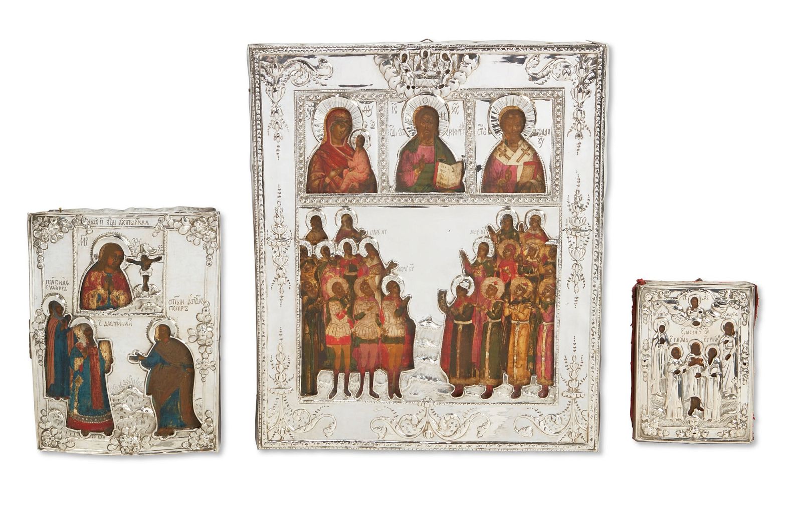 THREE RUSSIAN ICONS WITH SILVER OKLADSThree