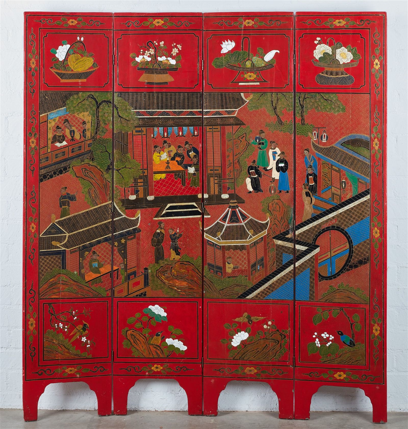 A CHINESE RED LACQUER FOUR PANEL FLOOR