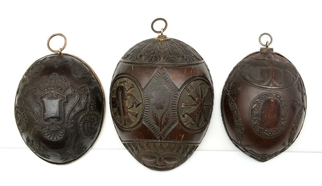 3 COCONUT SHELL CARVINGS INCLUDING