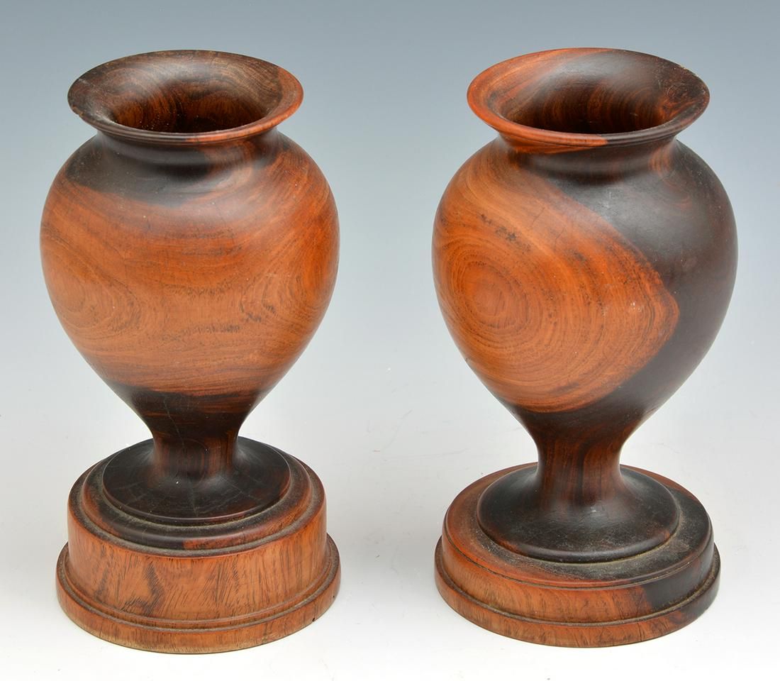 PAIR OF ENGLISH TURNED WOODED VASES,