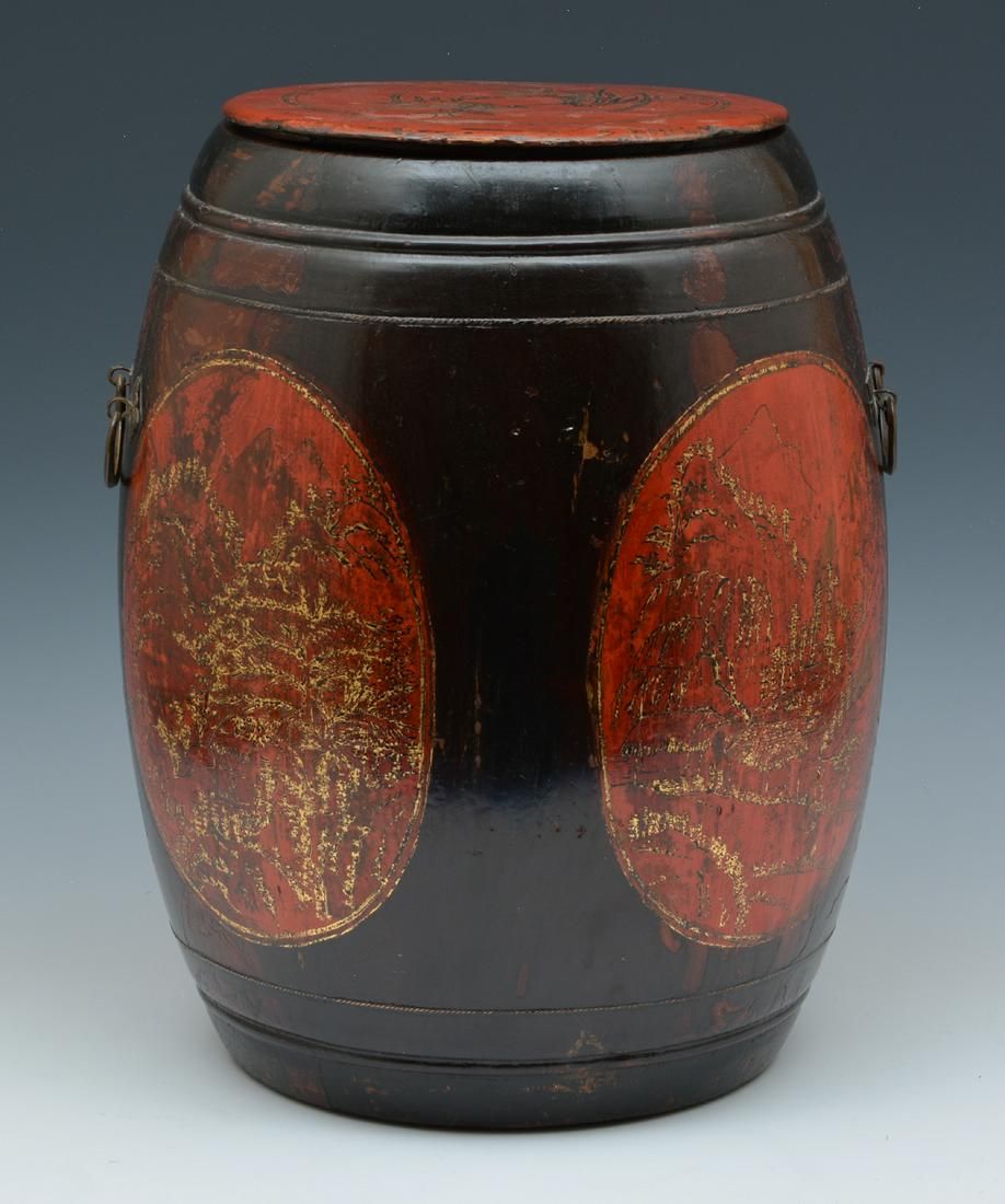 CHINESE WOODEN RED LACQUER BARREL 3d1bc8