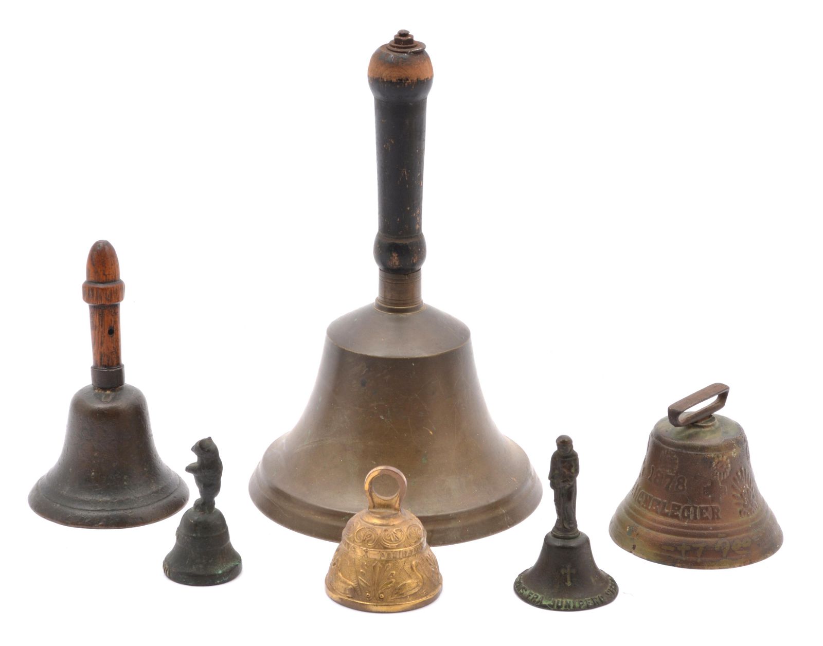 GROUPING OF 6 HANDHELD BELLS. TALLEST