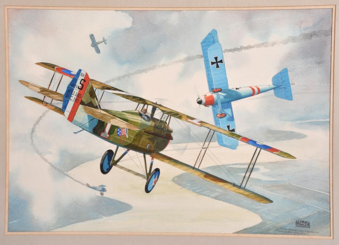 ALFRED OWLES WATERCOLOR WWI BI-PLANE