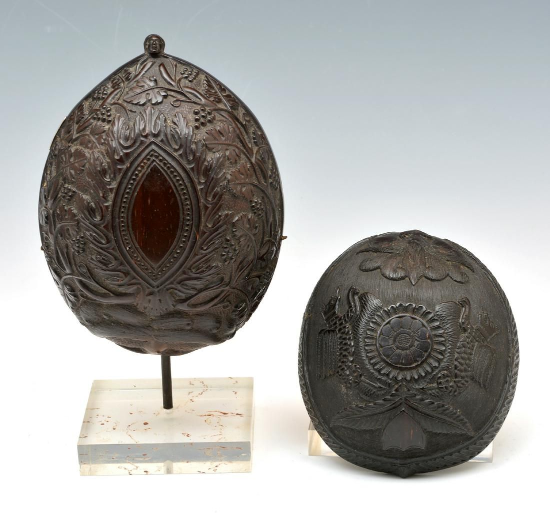 2 COCONUT SHELL CARVINGS, BOTH