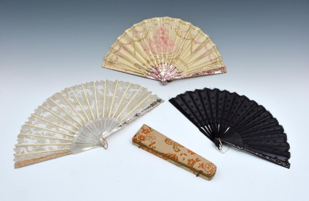 LOT OF THREE FANS, DECORATED SILK