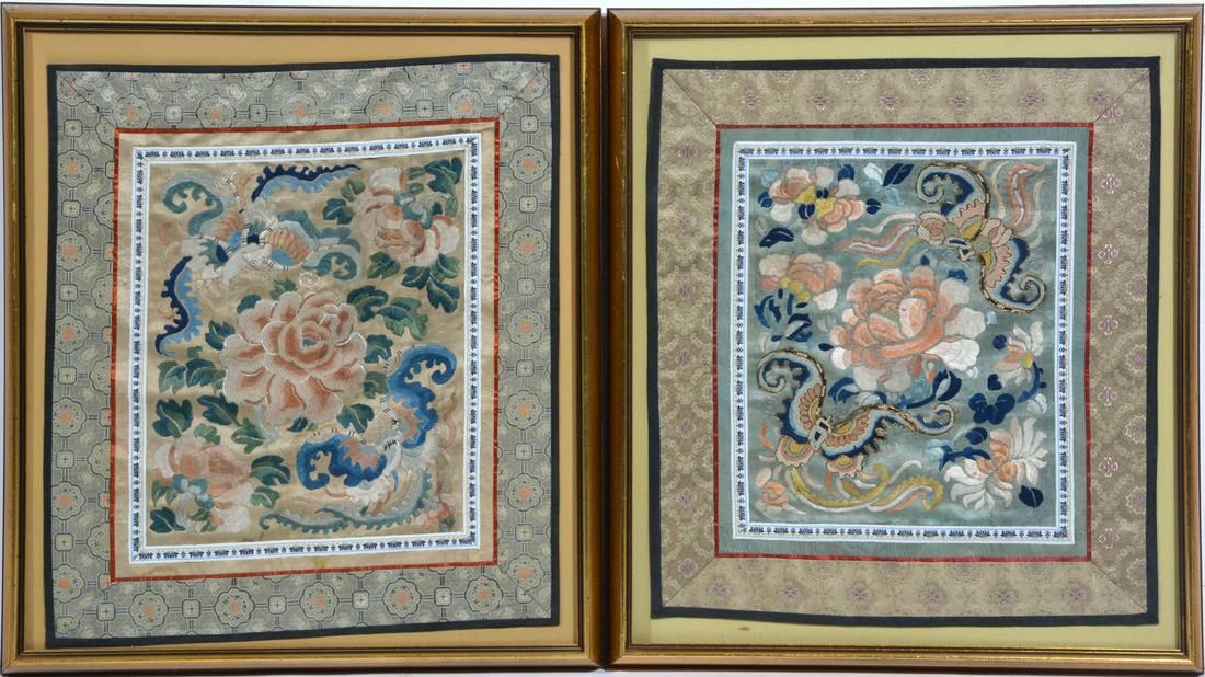 2 CHINESE FRAMED FLORAL TEXTILE