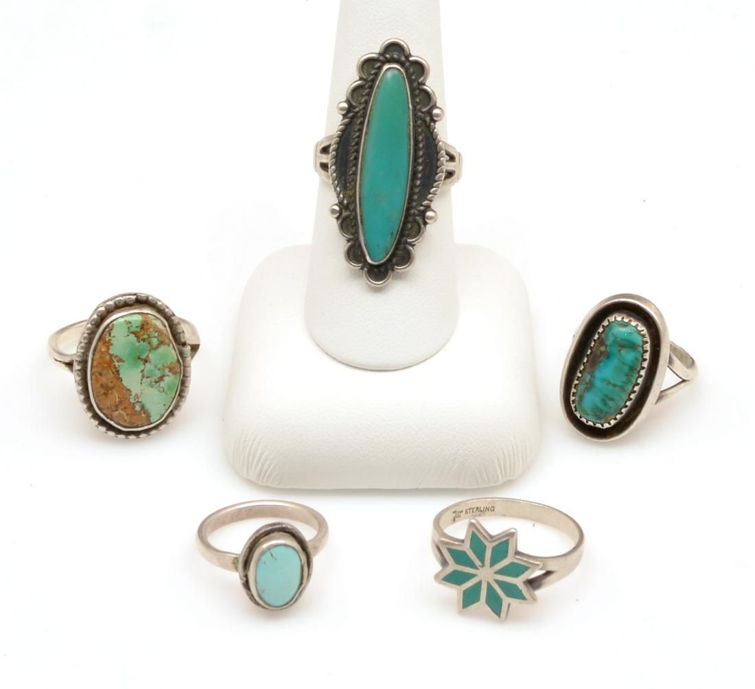 5 NATIVE AMERICAN SILVER AND TURQUOISE