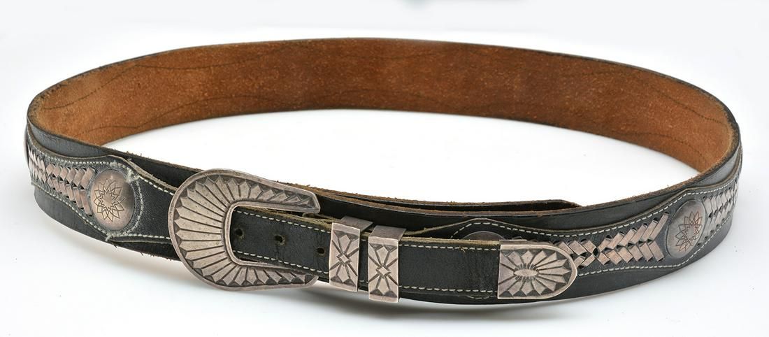 CONCHO LEATHER BELT WITH HEADDRESS