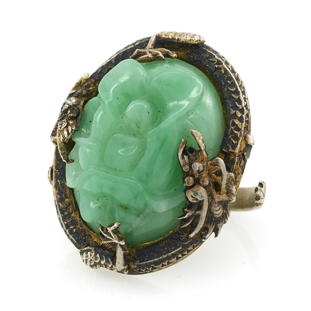 STERLING SILVER AND CARVED JADE