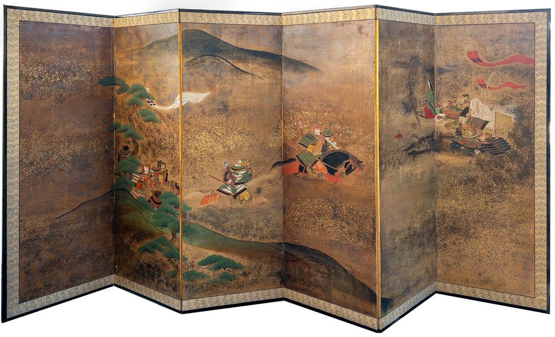 JAPANESE PAINTED 6 PANEL SCREENJapanese 3d23d8