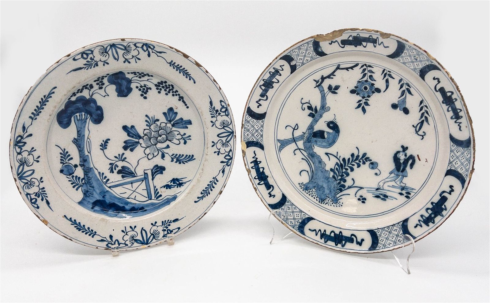 TWO 18TH C. DELFT BLUE & WHITE CHARGERS2