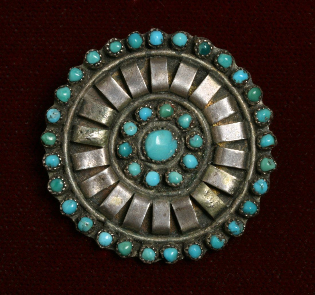 OLD ZUNI SILVER & TURQUOISE BROOCH