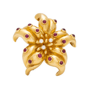 YELLOW GOLD RUBY AND DIAMOND FLOWER 3d0a2d