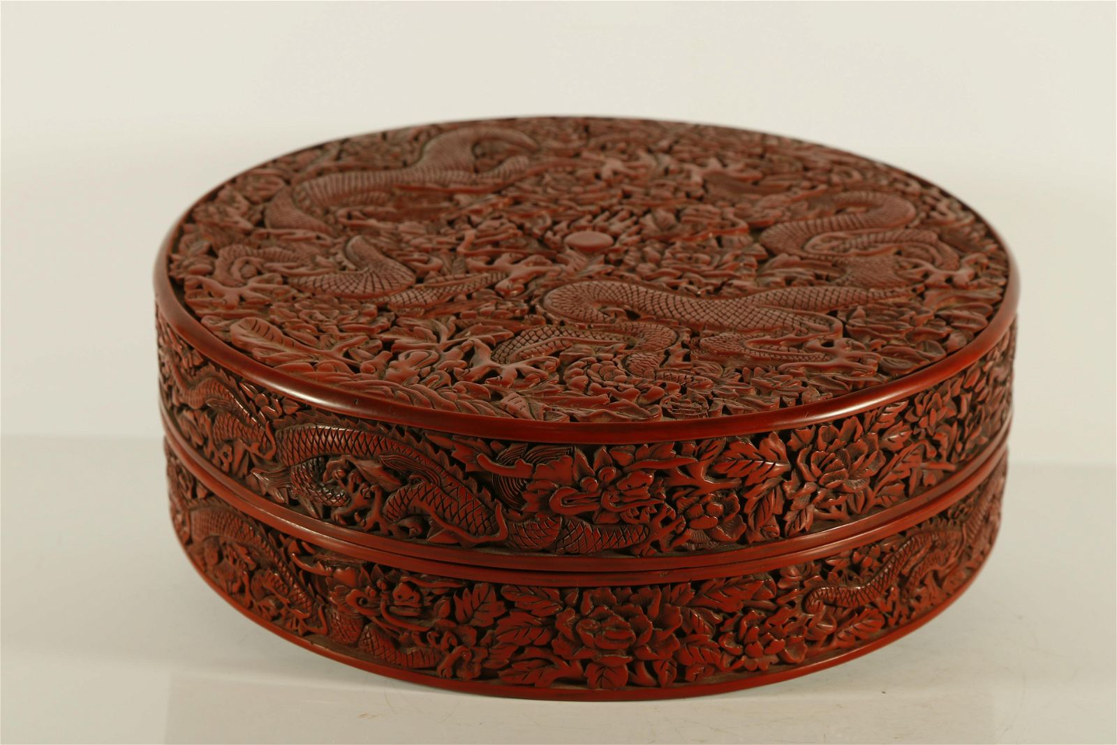 A RARE RED CARVED LACQUER ROUND BOXA