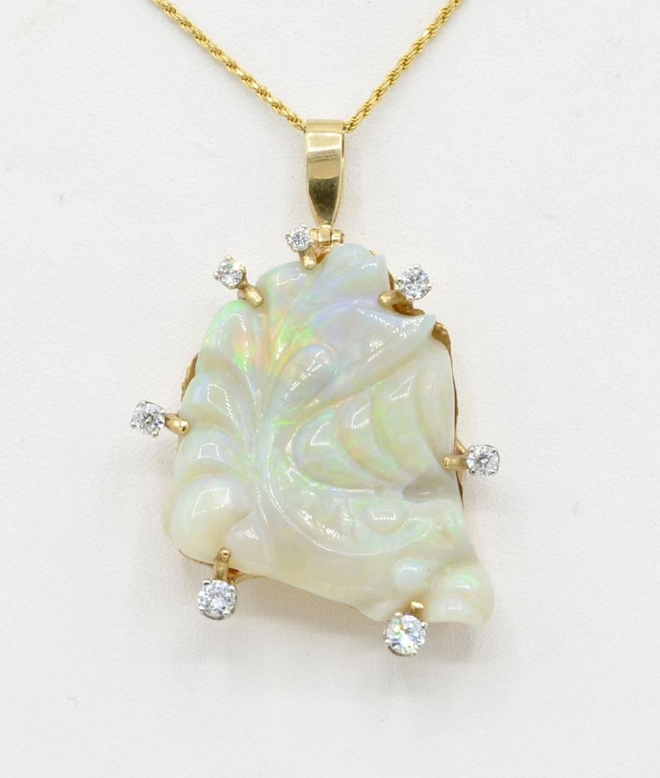 CARVED OPAL AND DIAMOND PENDANT