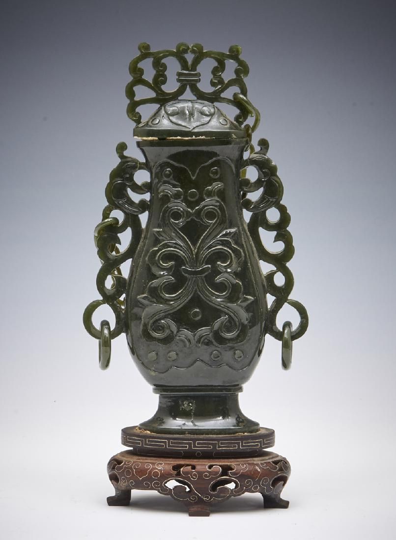 CHINESE CARVED GREEN JADE URN ON 3d1595