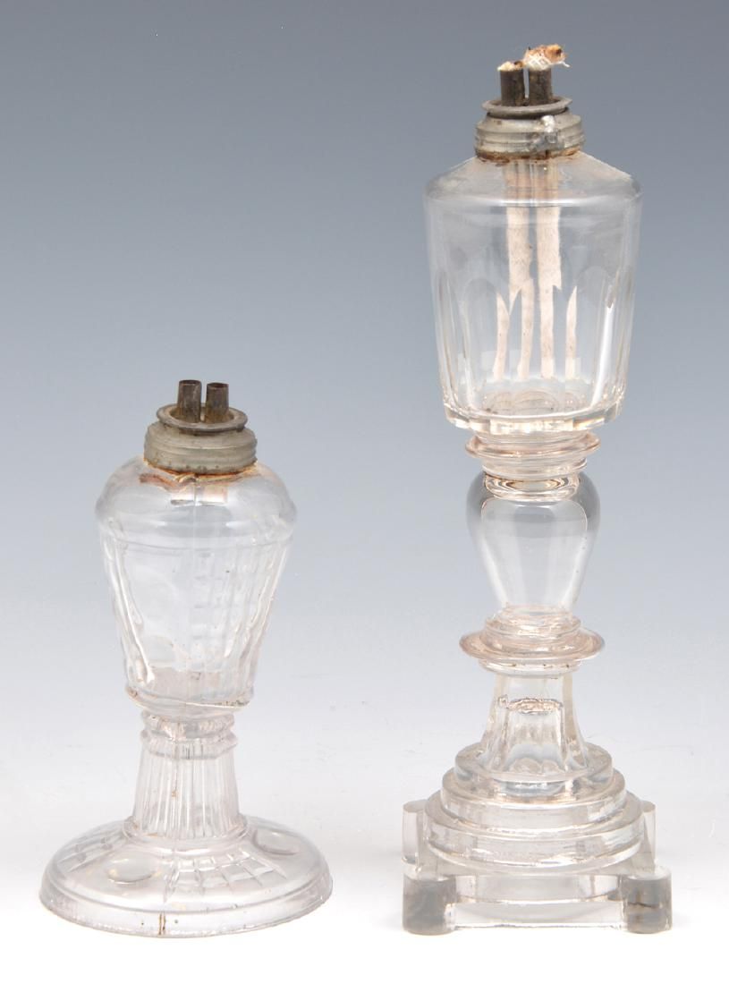 2 GLASS WHALE OIL "TWIN WICK LAMPS,