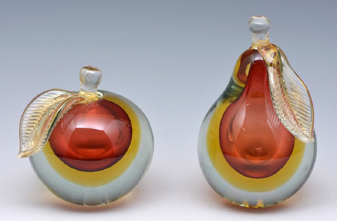 1950S MURANO SOMMERSO PEAR & APPLE BOOKENDS,