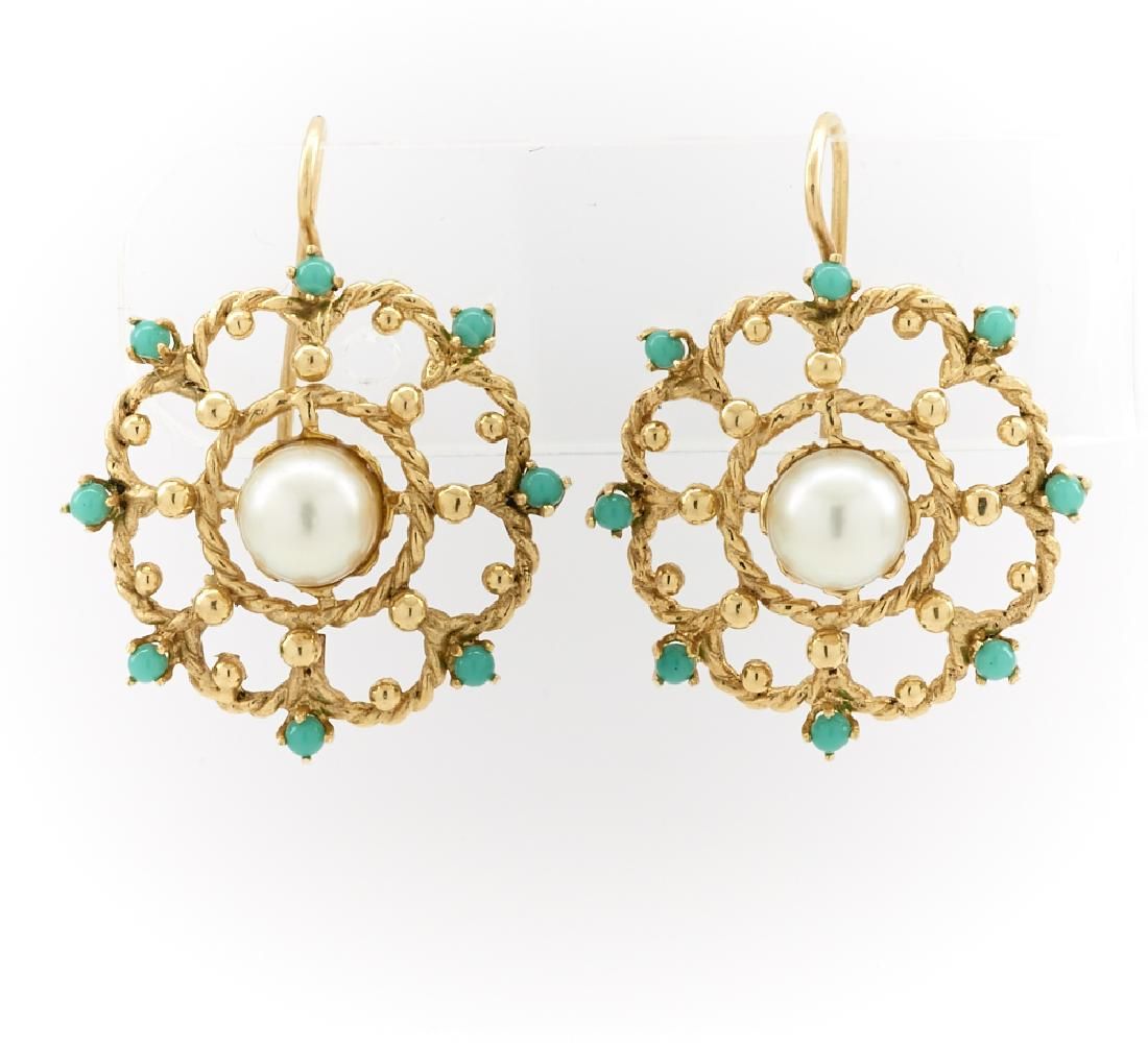 14K GOLD PEARL TURQUOISE EARRINGS14k 3d171f