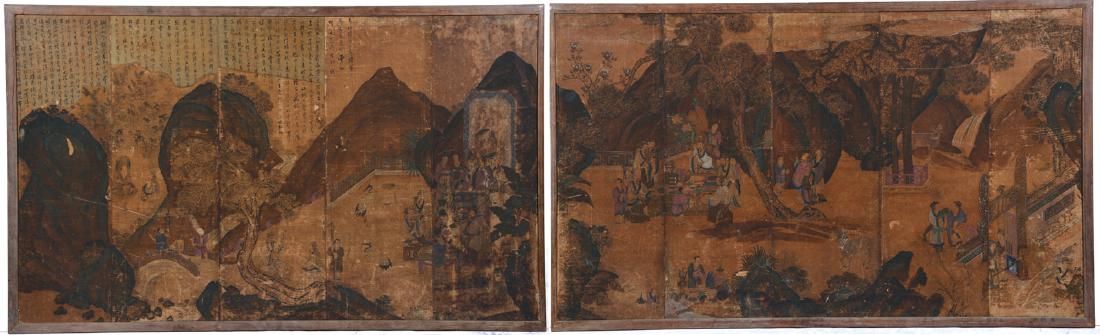 EARLY CHINESE 10 PANEL MURAL PAINTING,