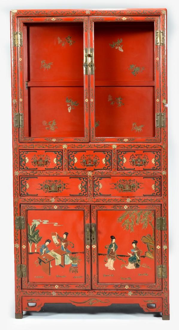 CHINESE RED LACQUER CABINET, 70"