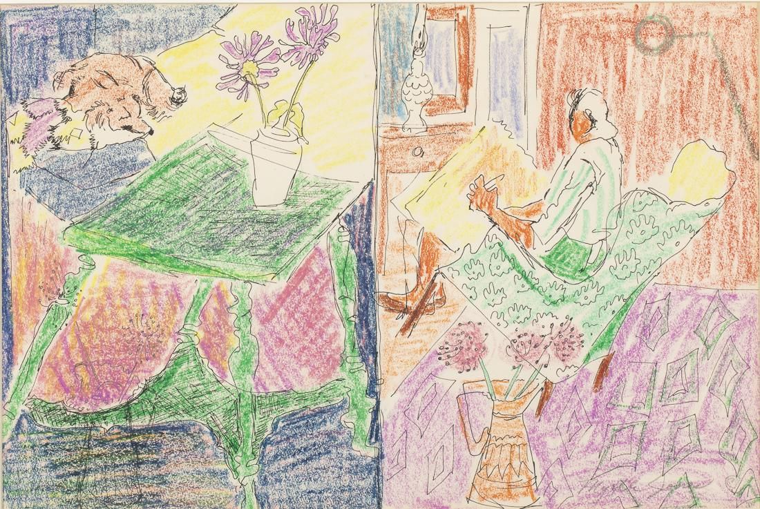 MYRTLE JONES, WOMAN DRAWING AND AN INTERIOR