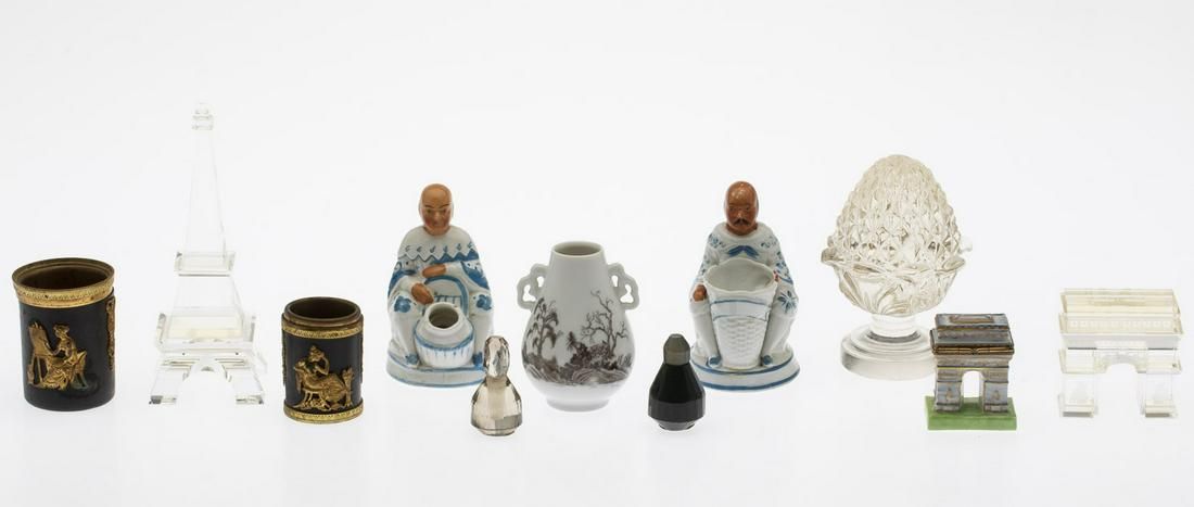 GROUP OF 11 PORCELAIN, GLASS AND METAL