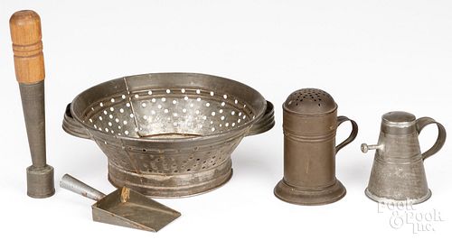 FIVE PIECES OF TINWARE, 19TH C.Five
