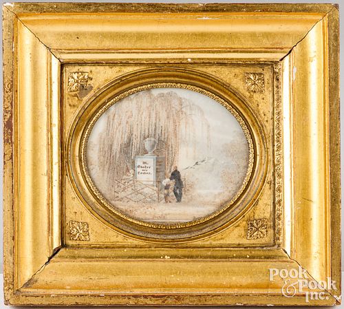 MINIATURE WATERCOLOR MOURNING PICTURE  3d3458