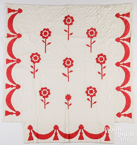 RED AND WHITE PIECED BEDSPREAD,