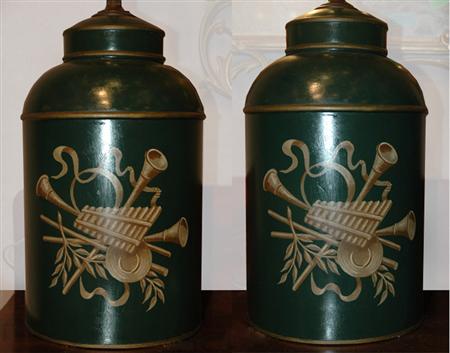 Pair of Green Tole Canister Form 681a8